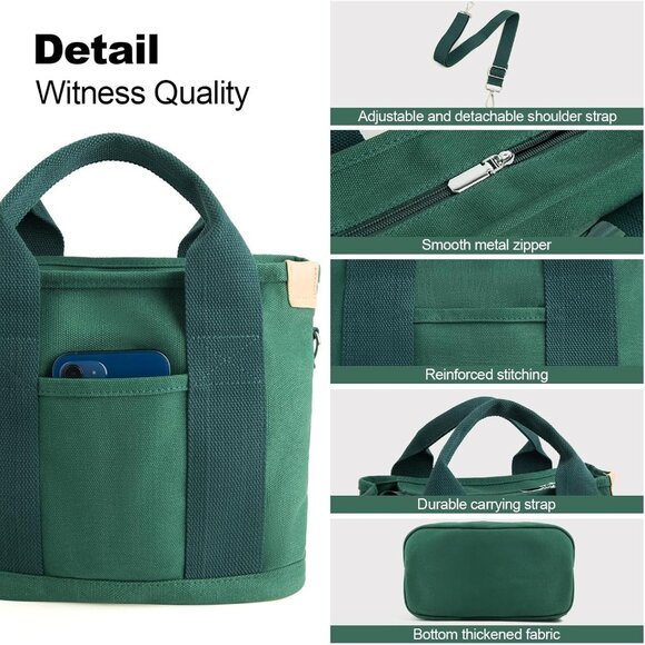 Women's Dark Green Canvas Tote Bag With Multi Pockets Shoulder Bags With Zipper - Picture 5 of 6